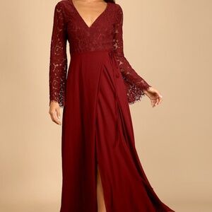 Lulus Utterly In Love Burgundy Lace Long Sleeve Wrap Dress Red - Size XL